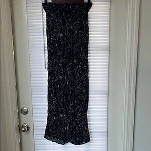 Black Floral Smocked-Waist Wide-Leg Pants